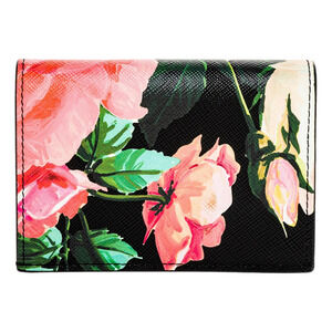 Prada Saffiano Black Floral Printed Snap Bifold Coin Zipper